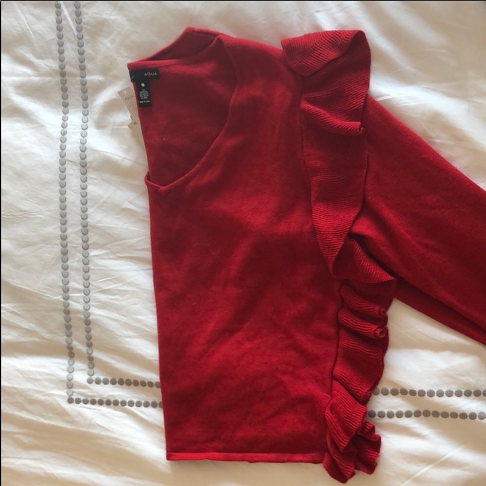 Red Aqua Sweater W/ Ruffled Side - New W/ Tags
